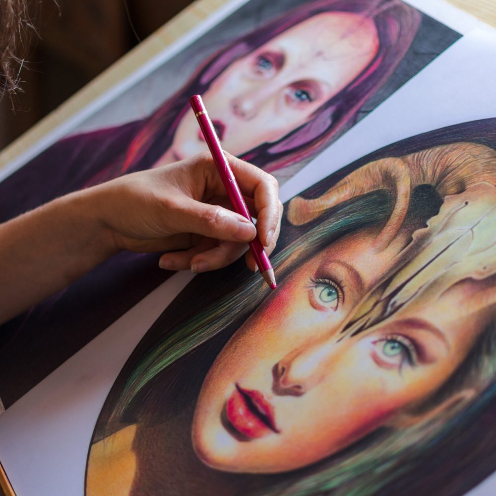 Painter making an artistic portrait. Close-up image. Work, art, lifestyle.